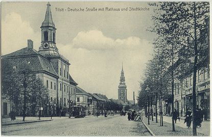 Tilsit - Ulica Niemiecka z ratuszem i kocioem miejskim